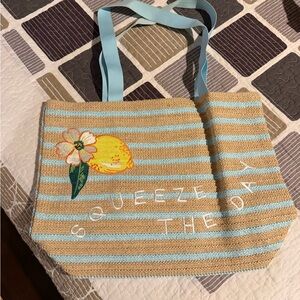 Vera Bradley Blue and Tan Striped Tote with Lemon Design